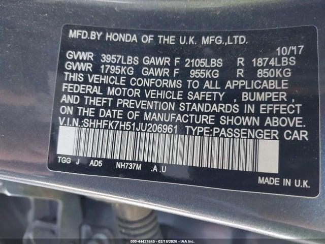 SHHFK7H51JU206961 Honda CIVIC EX