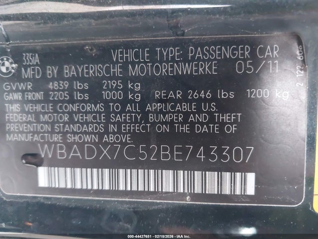 Продажа на аукционе авто 2011 Bmw 335i, vin: WBADX7C52BE743307, номер лота: 44427651