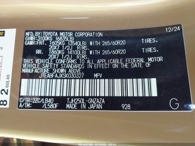 JTEABFAJXSK030327 Toyota Land Cruiser