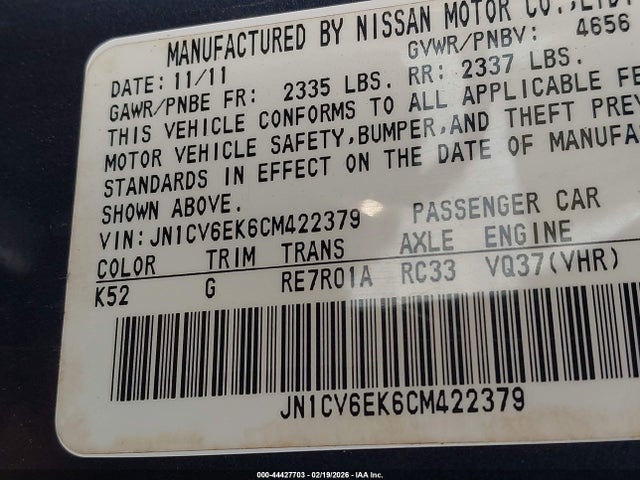 Auction sale of the 2012 Infiniti G37 Journey, vin: JN1CV6EK6CM422379, lot number: 44427703