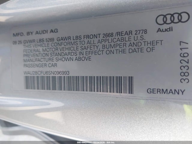 Продажа на аукционе авто 2025 Audi All-new A5 Premium Plus Tfsi Quattro S Tronic, vin: WAU2BCFU6SN096993, номер лота: 44427711
