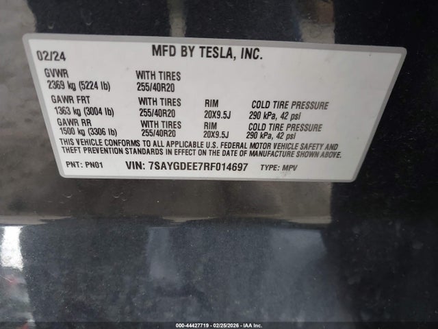 44427719 :رقم المزاد ، 7SAYGDEE7RF014697 vin ، 2024 Tesla Model Y Long Range Dual Motor All-wheel Drive مزاد بيع