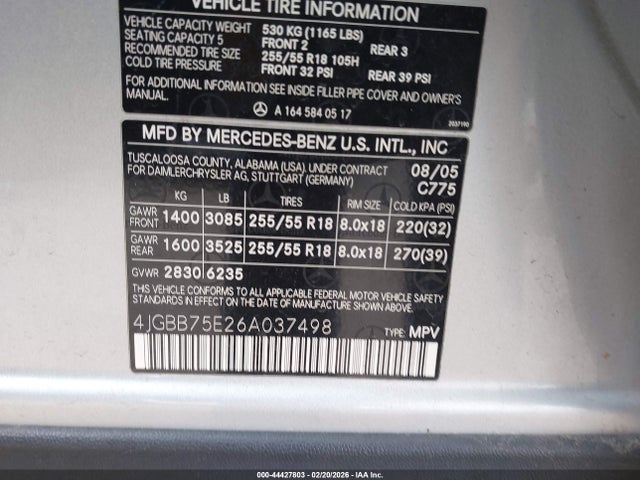 Продаж на аукціоні авто 2006 Mercedes-benz Ml 500 4matic, vin: 4JGBB75E26A037498, номер лоту: 44427803