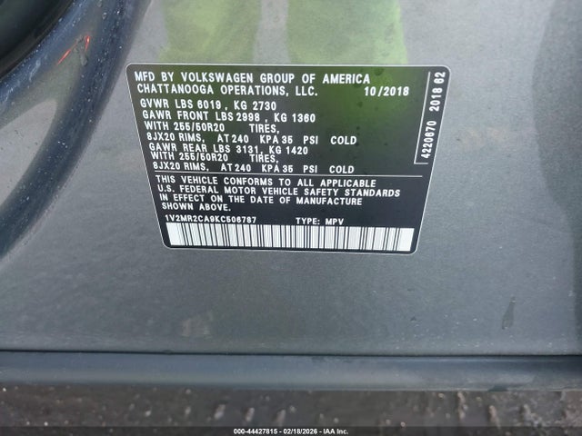 44427815 :رقم المزاد ، 1V2MR2CA9KC506787 vin ، 2019 Volkswagen Atlas 3.6l V6 Sel مزاد بيع