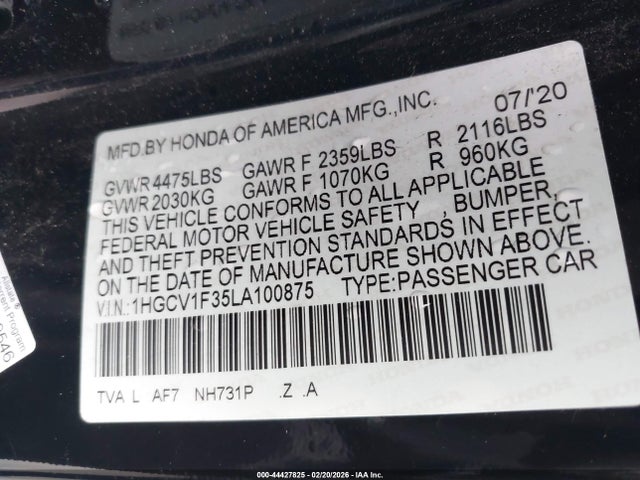 1HGCV1F35LA100875 Honda Accord Sport