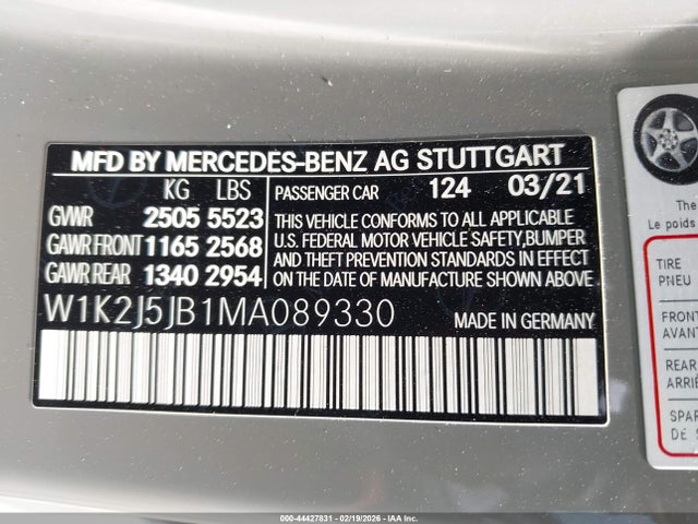 Aukcja sprzedaży 2021 Mercedes-benz Cls 450, vin: W1K2J5JB1MA089330, numer aukcji: 44427831
