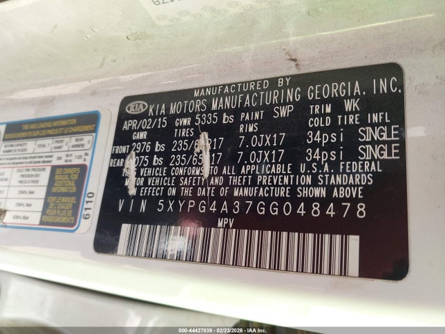 5XYPG4A37GG048478 KIA Sorento 2.4l Lx
