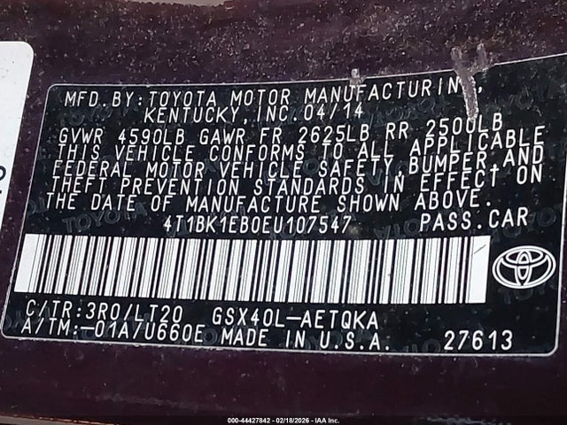 4T1BK1EB0EU107547 Toyota Avalon Xle Touring