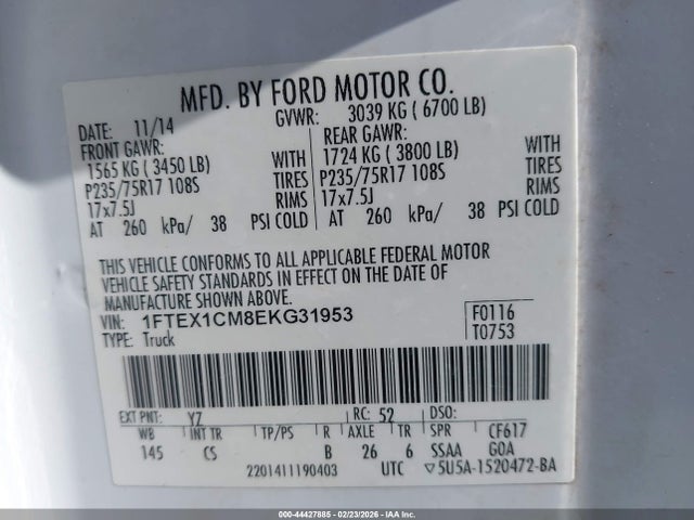 Aukcja sprzedaży 2014 Ford F-150 Stx, vin: 1FTEX1CM8EKG31953, numer aukcji: 44427885