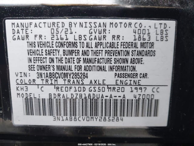 Aukcja sprzedaży 2021 Nissan Sentra Sv Xtronic Cvt, vin: 3N1AB8CV0MY285284, numer aukcji: 44427908