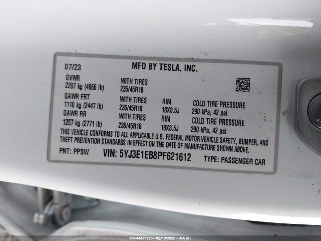 Продаж на аукціоні авто 2023 Tesla Model 3 Long Range Dual Motor All-wheel Drive, vin: 5YJ3E1EB8PF621612, номер лоту: 44427920