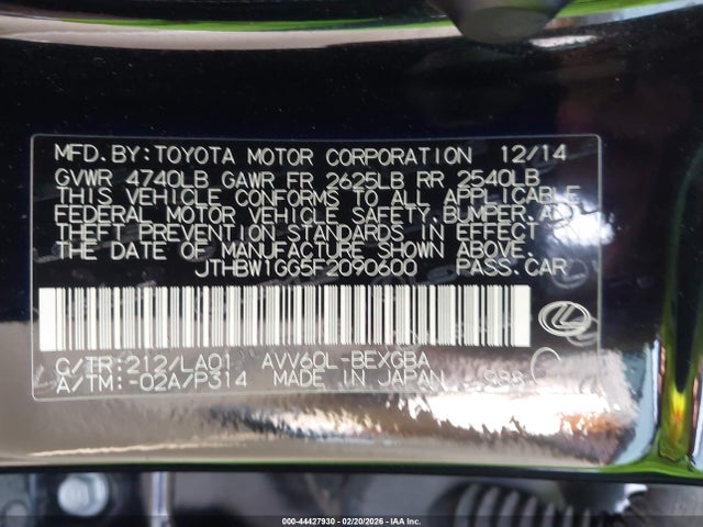 Aukcja sprzedaży 2015 Lexus Es 300h, vin: JTHBW1GG5F2090600, numer aukcji: 44427930