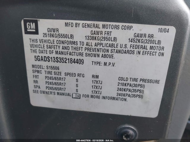 44427936 :رقم المزاد ، 5GADS13S352184409 vin ، 2005 Buick Rainier Cxl مزاد بيع