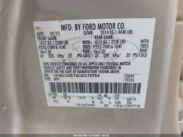 Продажа на аукционе авто 2012 Ford Escape Limited, vin: 1FMCU0E74CKC15764, номер лота: 44427946