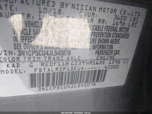 3N1CP5CU4JL545078 Nissan KICKS S