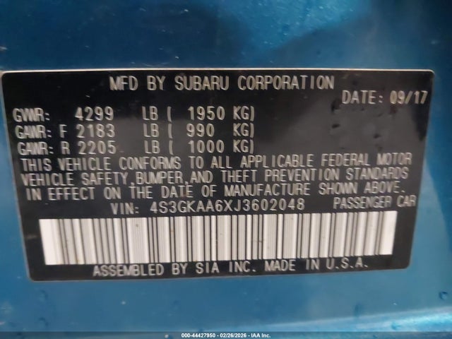 2018 Subaru Impreza 2.0i მანქანა იყიდება აუქციონზე, vin: 4S3GKAA6XJ3602048, აუქციონის ნომერი: 44427950