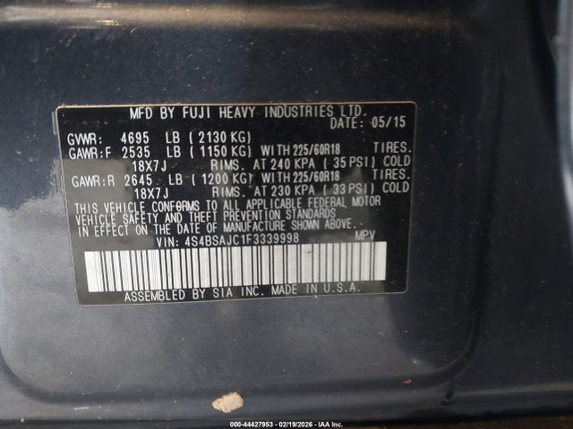 Subaru Outback 2.5i Limited 2015 4S4BSAJC1F3339998 Image 9