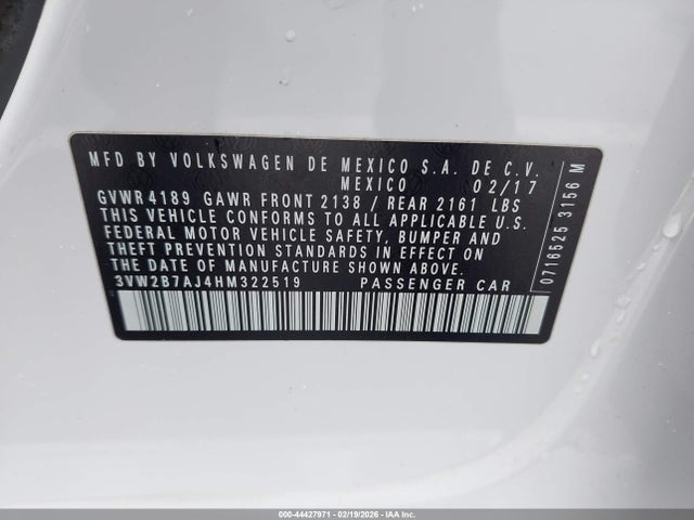 44427971 :رقم المزاد ، 3VW2B7AJ4HM322519 vin ، 2017 Volkswagen Jetta 1.4t S مزاد بيع