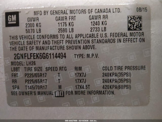 2GNFLFEK6G6114494 Chevrolet EQUINOX LT