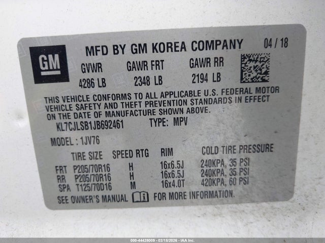 KL7CJLSB1JB692461 Chevrolet Trax Lt