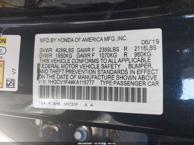 Honda ACCORD EX 2019 1HGCV1F44KA115777 Image 9