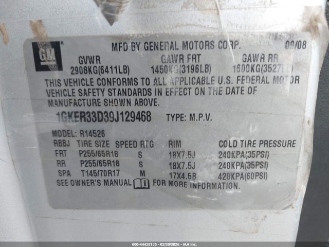 2009 Gmc Acadia Slt-2 მანქანა იყიდება აუქციონზე, vin: 1GKER33D39J129468, აუქციონის ნომერი: 44428135