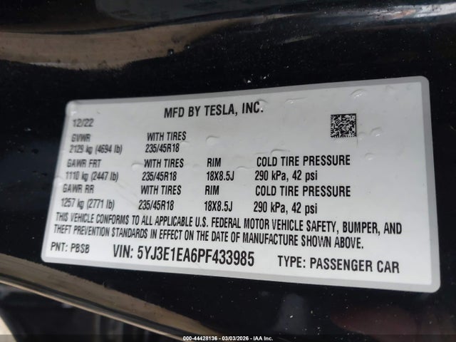 Продаж на аукціоні авто 2023 Tesla Model 3 Rear-wheel Drive, vin: 5YJ3E1EA6PF433985, номер лоту: 44428136