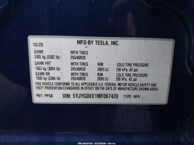 Продаж на аукціоні авто 2021 Tesla Model Y Long Range Dual Motor All-wheel Drive, vin: 5YJYGDEE1MF067420, номер лоту: 44428140