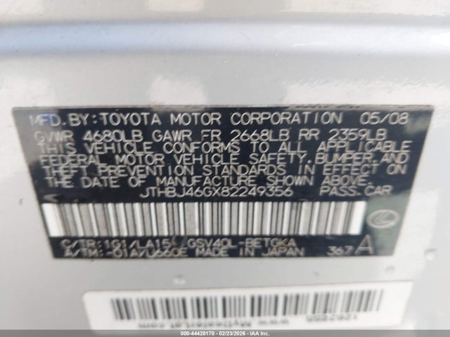 Aukcja sprzedaży 2008 Lexus Es 350, vin: JTHBJ46GX82249356, numer aukcji: 44428170