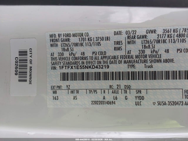Aukcja sprzedaży 2022 Ford F-150 Xl, vin: 1FTFX1E55NKD43219, numer aukcji: 44428510