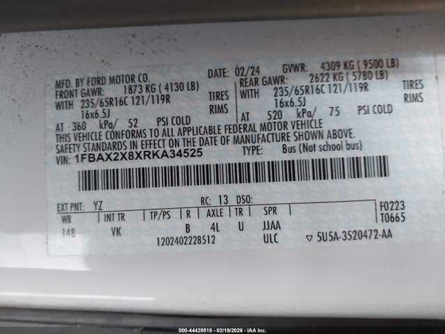 44428518 :رقم المزاد ، 1FBAX2X8XRKA34525 vin ، 2024 Ford Transit-350 Passenger Van مزاد بيع