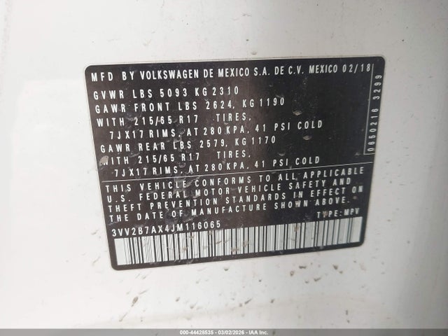 44428535 :رقم المزاد ، 3VV2B7AX4JM116065 vin ، 2018 Volkswagen Tiguan 2.0t Se/2.0t Sel مزاد بيع
