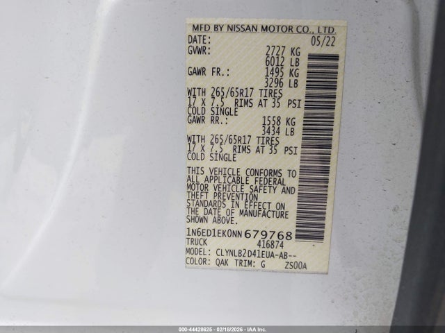 1N6ED1EK0NN679768 Nissan Frontier Sv 4x4