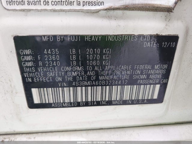 44428703 :رقم المزاد ، 4S3BMBA60B3234412 vin ، 2011 Subaru Legacy 2.5i مزاد بيع