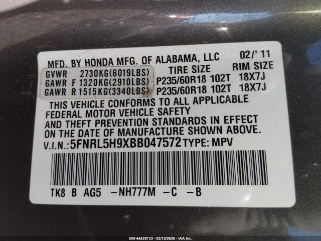 2011 HONDA ODYSSEY 5FNRL5H9XBB047572 Photo 8