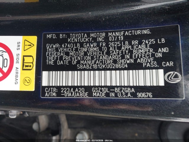 44428742 :رقم المزاد ، 58ABZ1B12KU028604 vin ، 2019 Lexus Es 350 مزاد بيع