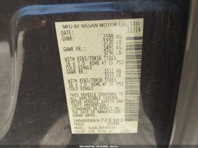 1N6AD0ER6FN728303 Nissan Frontier Sv