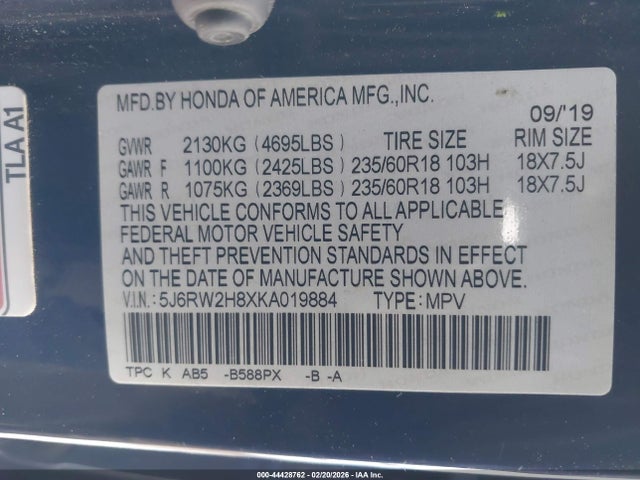 5J6RW2H8XKA019884 Honda Cr-v Ex-l