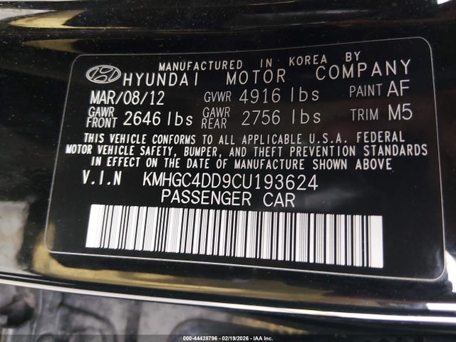 Aukcja sprzedaży 2012 Hyundai Genesis 3.8, vin: KMHGC4DD9CU193624, numer aukcji: 44428796
