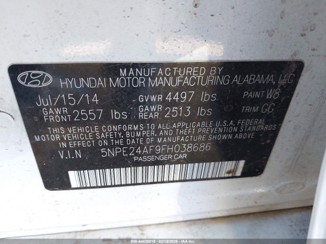 5NPE24AF9FH038686 Hyundai SONATA SE