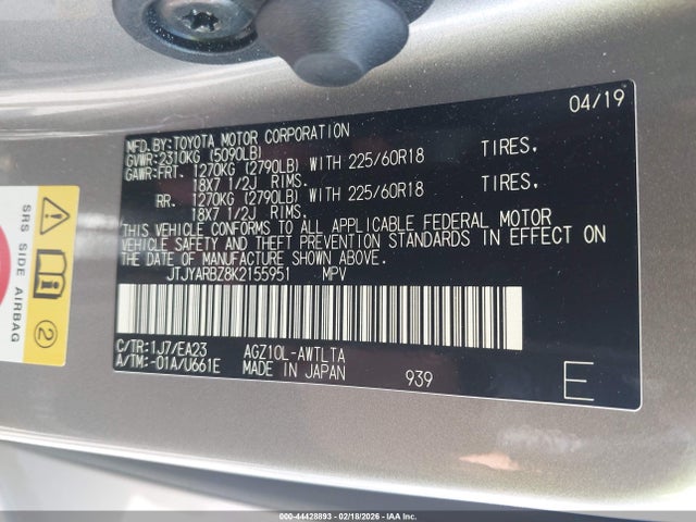 Aukcja sprzedaży 2019 Lexus Nx 300, vin: JTJYARBZ8K2155951, numer aukcji: 44428893