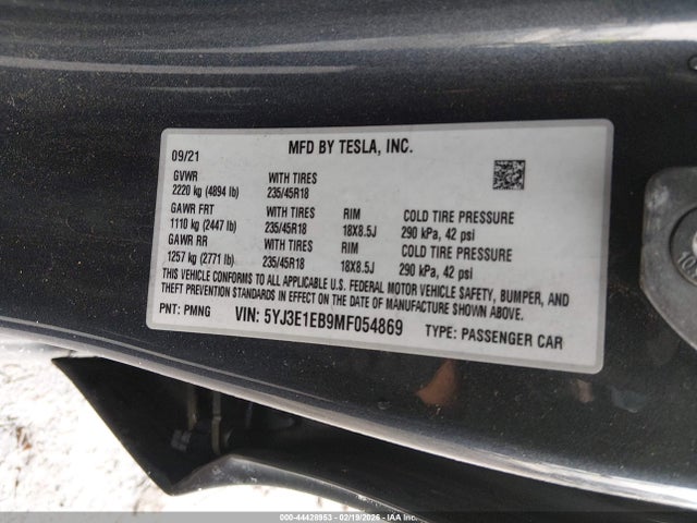5YJ3E1EB9MF054869 Tesla Model 3 Long Range Dual Motor All-wheel Drive