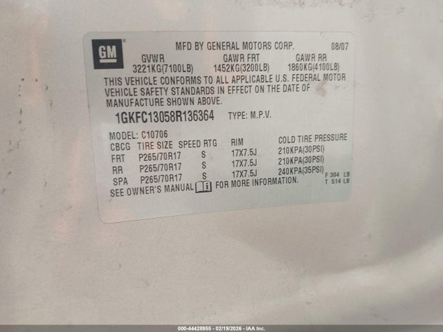 Продажа на аукционе авто 2008 Gmc Yukon Slt, vin: 1GKFC13058R136364, номер лота: 44428955