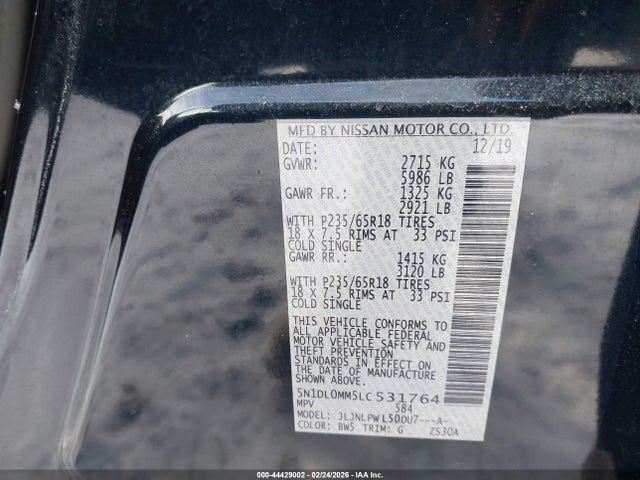 2020 Infiniti Qx60 Pure Awd მანქანა იყიდება აუქციონზე, vin: 5N1DL0MM5LC531764, აუქციონის ნომერი: 44429002