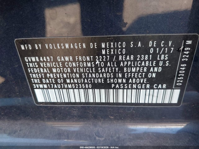 44429005 :رقم المزاد ، 3VWM17AU7HM523580 vin ، 2017 Volkswagen Golf Alltrack Tsi S/tsi Se مزاد بيع