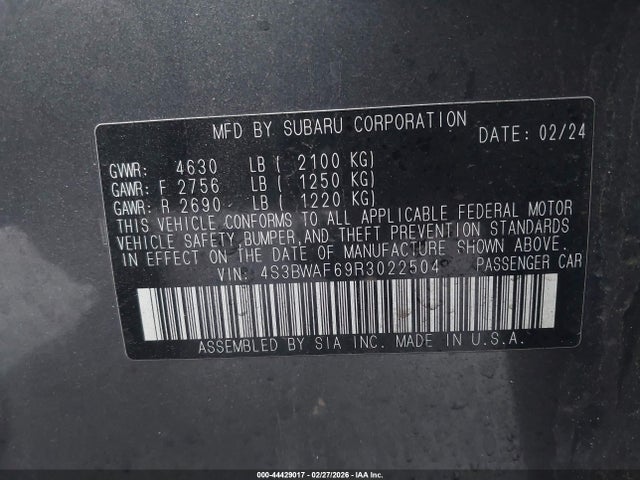 Aukcja sprzedaży 2024 Subaru Legacy Premium, vin: 4S3BWAF69R3022504, numer aukcji: 44429017