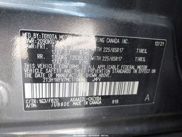 Aukcja sprzedaży 2021 Toyota Rav4 Le, vin: 2T3H1RFV7MC170494, numer aukcji: 44429082