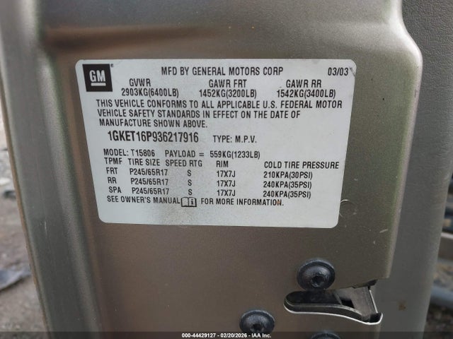 44429127 :رقم المزاد ، 1GKET16P936217916 vin ، 2003 Gmc Envoy Xl Sle مزاد بيع