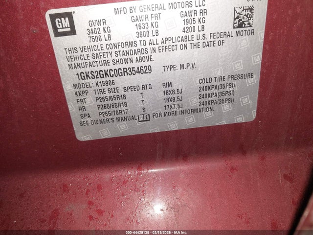 Aukcja sprzedaży 2016 Gmc Yukon Xl Slt, vin: 1GKS2GKC0GR354629, numer aukcji: 44429135