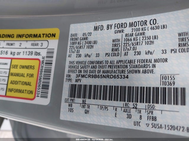 44429138 :رقم المزاد ، 3FMCR9B65NRD65334 vin ، 2022 Ford Bronco Sport Big Bend مزاد بيع
